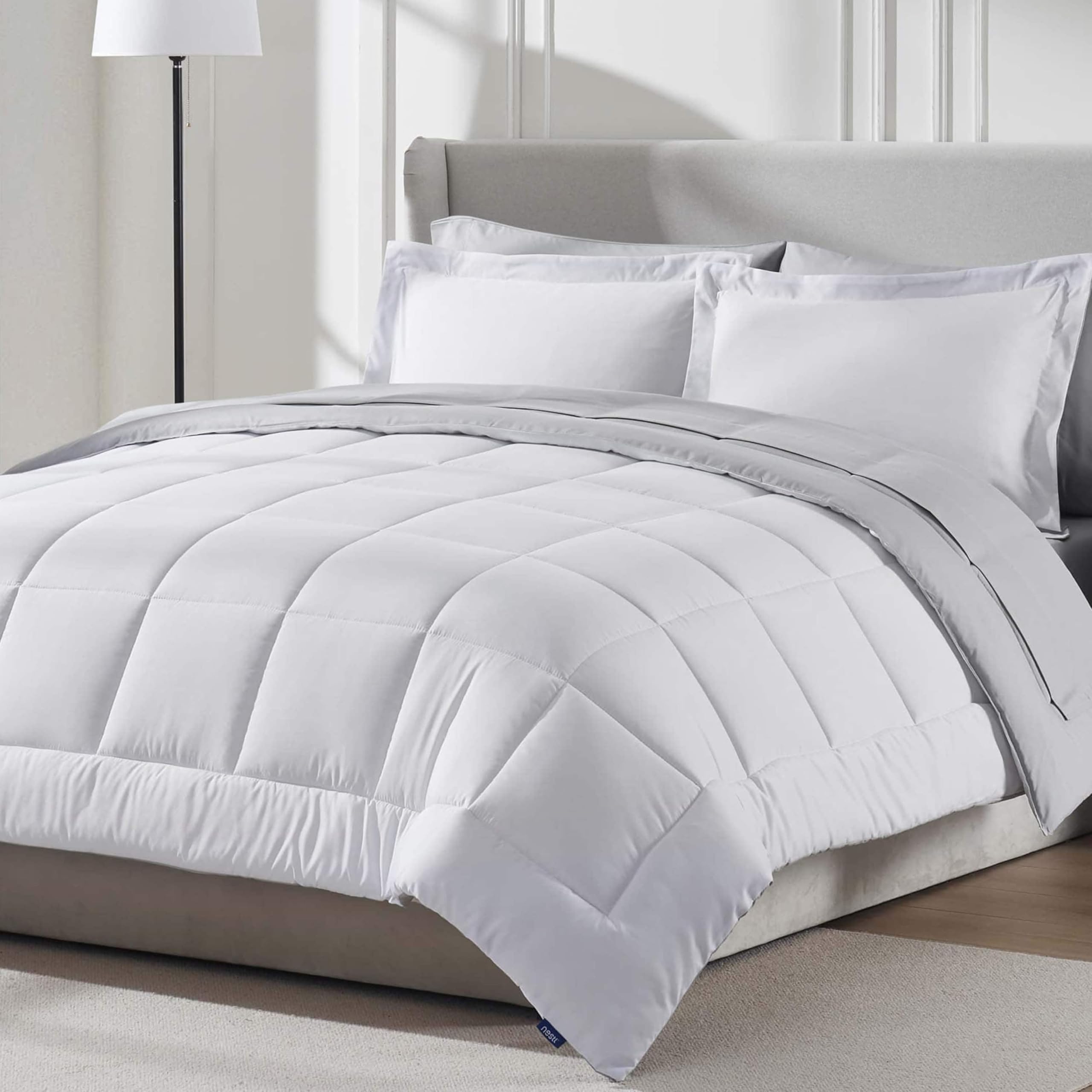 Photo 1 of Nestl 7 Piece Queen Comforter Set – White Reversible Bed in a Bag – Complete Queen Size Bedding Set with Sheets, Pillowcases and Shams
