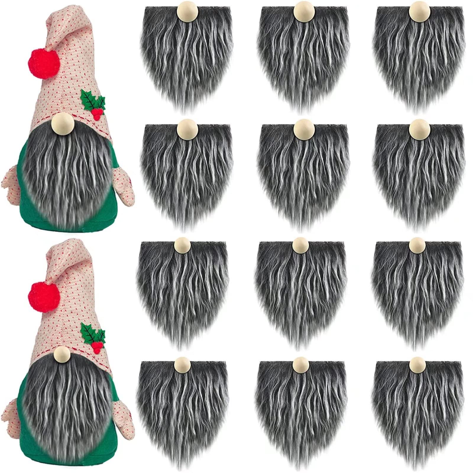 runrayay 12Pcs Pre-Cut Gnome Beard for Crafting, Grey Faux Fur Fabric Handmade Dwarf Beard with 12Pcs Wooden Balls Nose for Festival Home Decor Diy