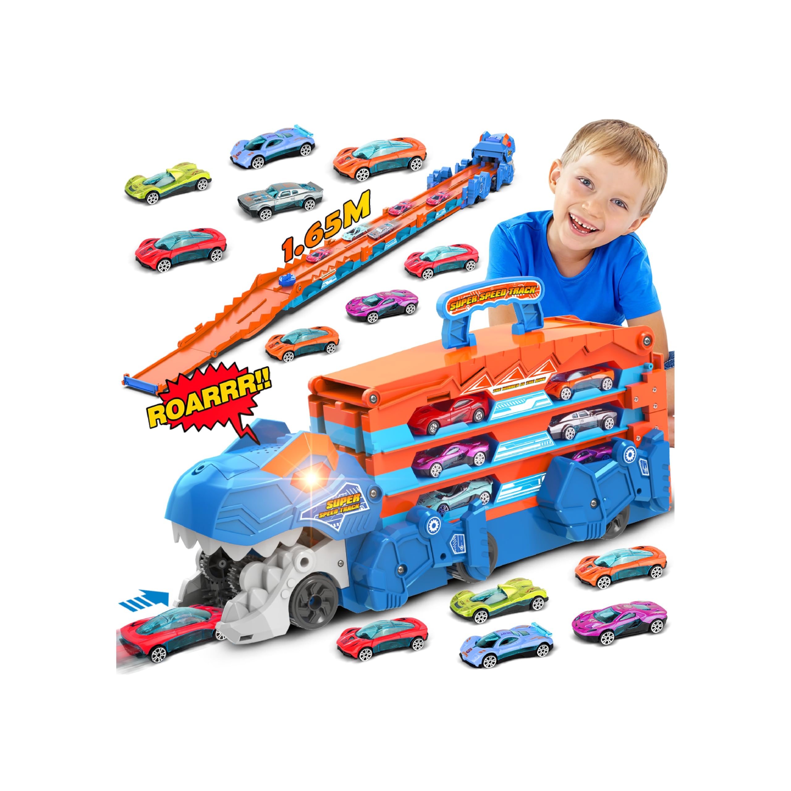 TERRAMUS Dinosaur Toys for 3 4 5 6 Year Olds Boys Gifts, 3-In-1 Ejection Folding Transport Truck with 8 Race Cars for 3 4 5 6 Year Olds Kids, Portable Dinosaur Toy with Sound, Best Gift Vehicles Set