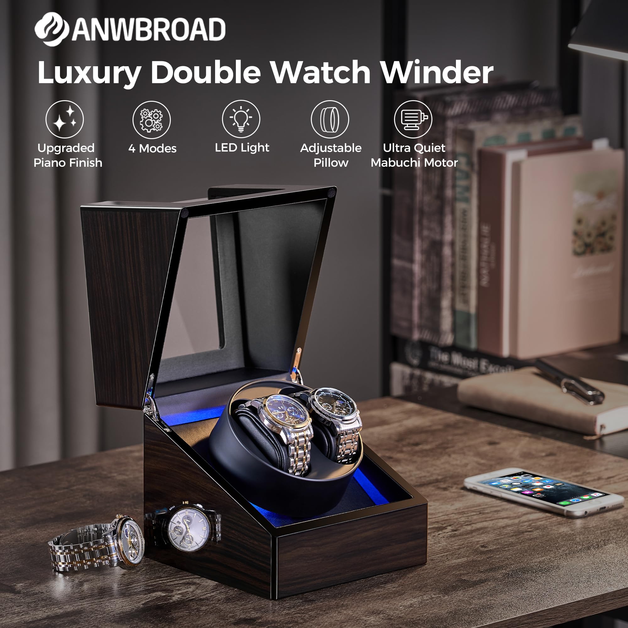 ANWBROAD ANWBROAD Watch Winders for Automatic Watches, New Ebony-Colored Piano Finish Automatic Watch Winder Box, Rotating Watch Case with 4 Rotation Modes, Quiet Motor, LED for Man Woman's Watches UJWW001E
