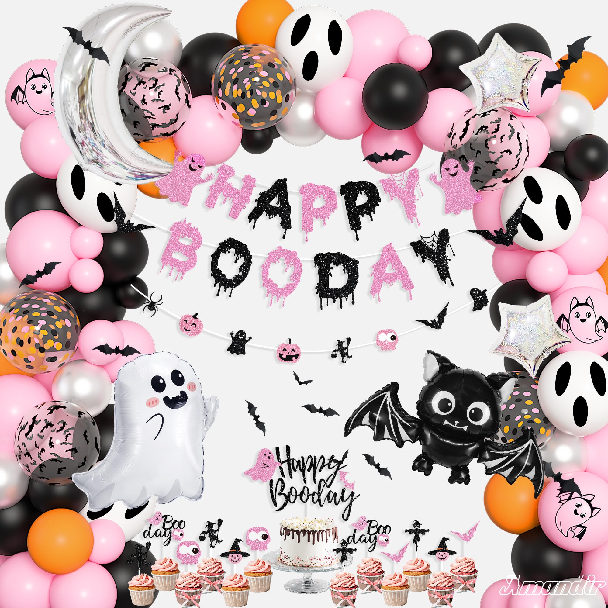 Photo 1 of Amandir Pink Black Halloween Birthday Party Decorations, Happy Boo Day Glitter Banner Halloween Balloon Arch Garland kit Foil Bat Ghost Balloons Cake Toppers for Kids Girl Spooky Baby Shower Supplies
