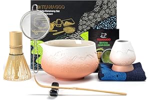 TEANAGOO Japanese Matcha Whisk (7pcs) Matcha Set Mtacha Kit Matcha Bowl with Pouring Spout Bamboo Matcha Whisk (chasen) Scoop (chashaku) Matcha Whisk Holder.N35,Gradient Pink White