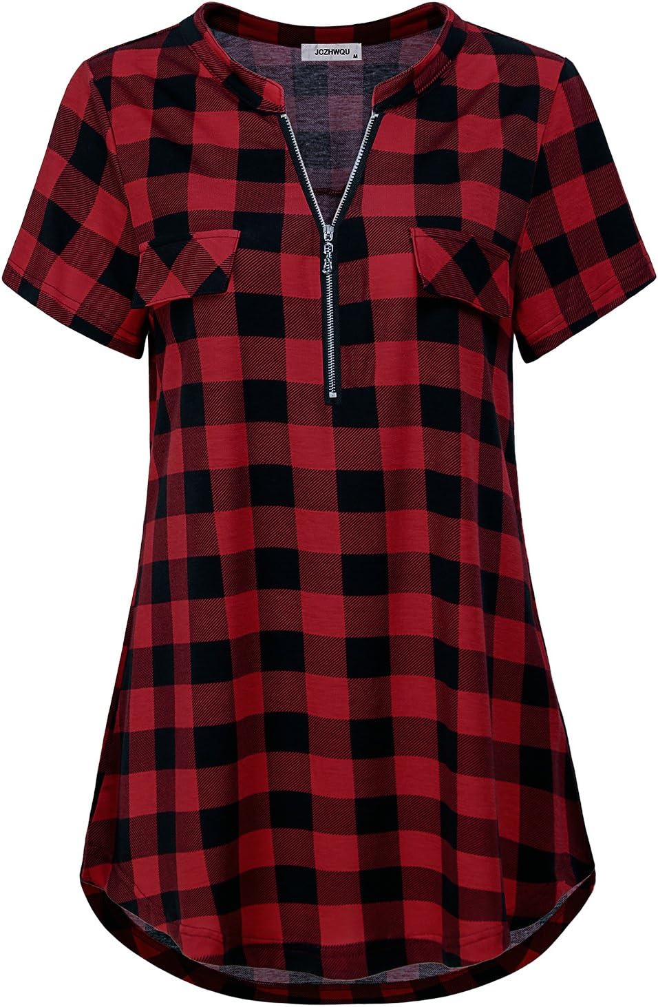 Women's Zip Up V Neck Short Sleeve Casual Tunic Shirt