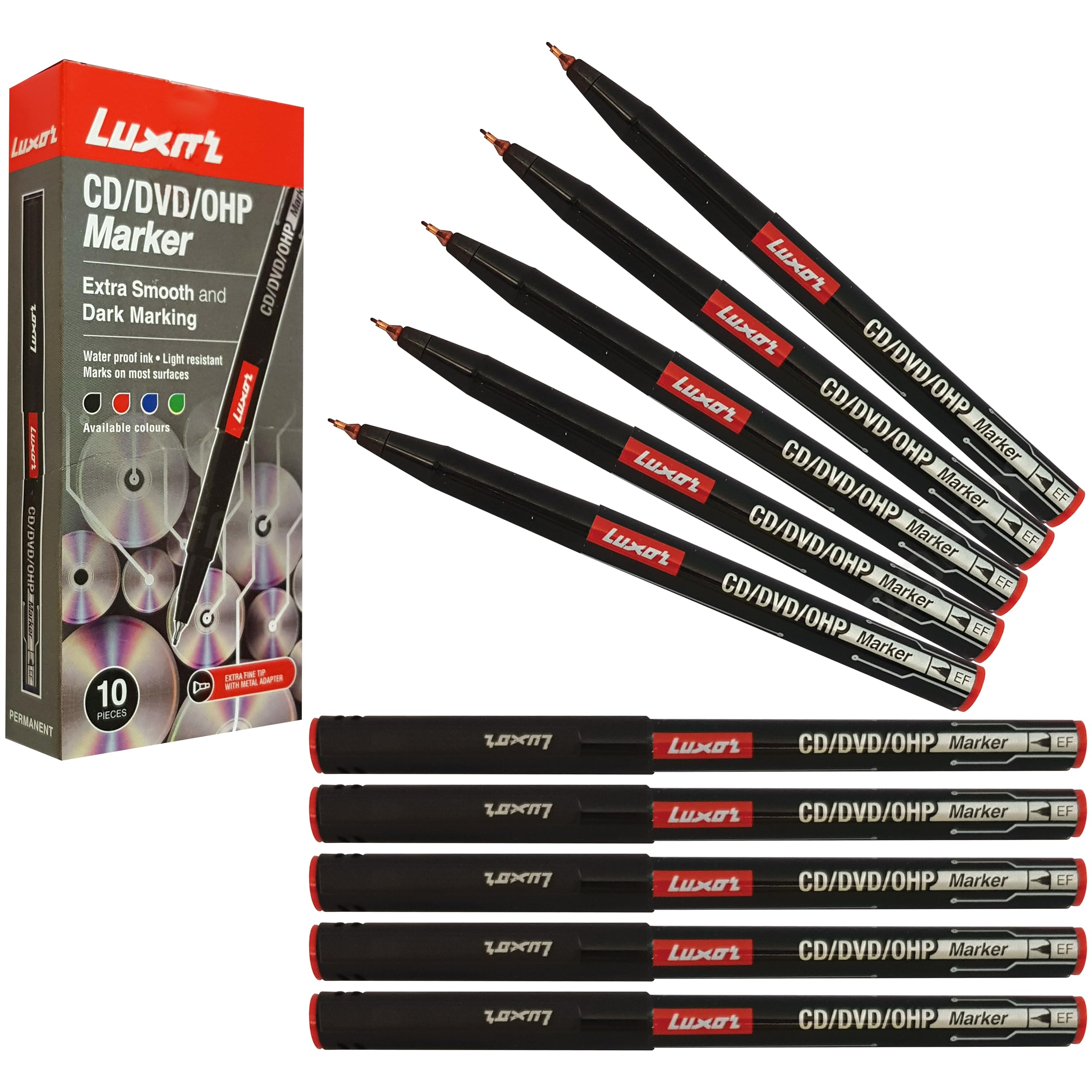 LUXEFIN Permanent Marker Pens, RED, Pack of 10, Extra Fine Tip, Write-4-All, Smooth Surface Markers, Waterproof Ink, iVAIDEX Black Ball Pen