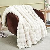 JONIYEAR Soft Fuzzy Bubble Faux Rabbit Fur Throw Blanket for Couch Chair 50" x 60", Reversible Textured Thick Warm Fluffy Blanket for Winter, Luxury Cozy Puffy Shaggy Comfy Furry Blankets, Cream White
