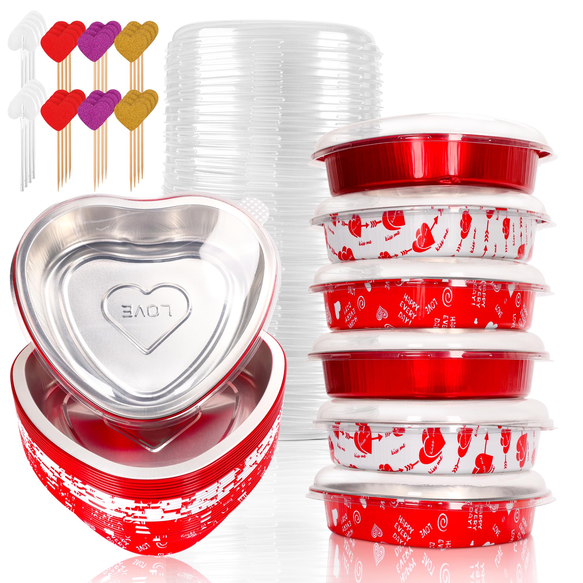 Photo 1 of 12 Pack 8 Inch Heart Shaped Cake Pans With Lids, 23oz Large Disposable Foil Pans for Valentine's & Mother's Day, Aluminum Baking Kit (White, Red, Red Heart)