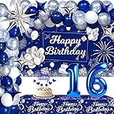 Blue 16th Birthday Decorations for Boys Girls, 16th Silver and Navy Blue Birthday Decorations for Him Her with Happy Birthday Backdrop Banner Tablecloth Balloons Arch Foil Balloons Party Supplies