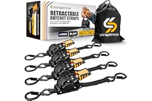 Strapinno Retractable Ratchet Straps 1 in x 10 ft, Secure Tie-Downs with Rubber-Coated Steel Handles, for Motorcycle, Jetski, Kayak, Breaking Strength 1,500LBS/680KG (Black Strap, Black Coated)