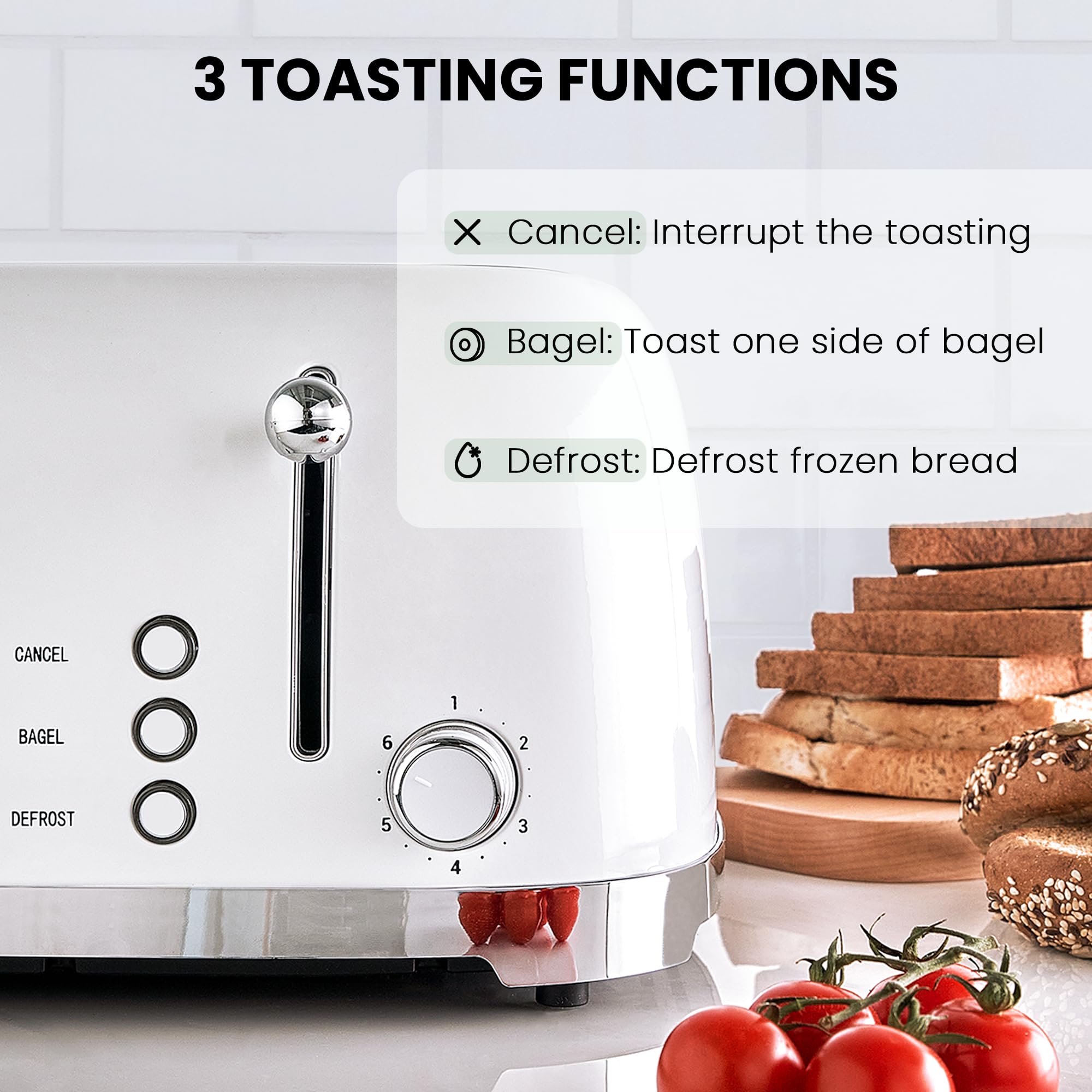 Roter Mond Tostadora Retro de 4 Rebanadas de Acero Inoxidable con Función de Cancelación de Descongelación de Bagel, 6 Configuraciones de Dorado, Ranura Extra Ancha y Bandeja Recogedor de Migas Extraíble, Blanco, ST033