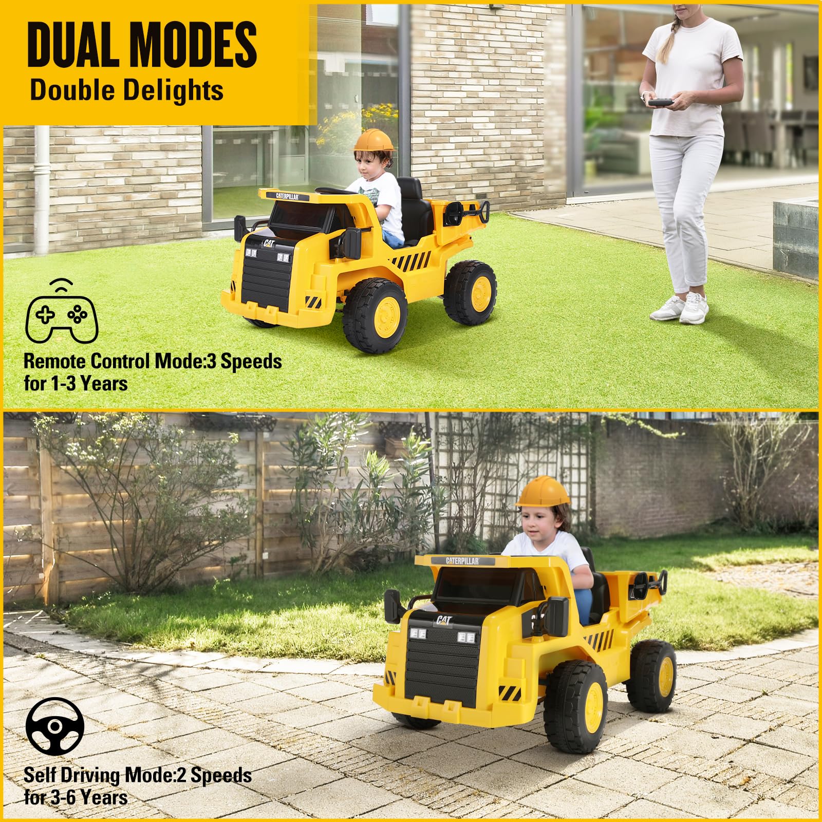 DASHINGNOAH Licensed Caterpillar 12V 7AH Ride on Dump Truck, Kids Electric Cars with Remote Control, Dump Bed, Shovel, LED Lights, Bluetooth/MP3/USB, Battery Powered Cars for Kids to Drive