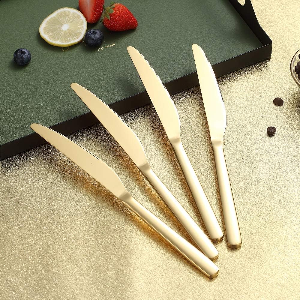  | Gold Dinner Knives 4 Pieces, Homquen Sturdy 9.25" Stainless Steel Modern Design Knife, Knifes Set With Round Edge Dishwasher Safe: Flatware Sets