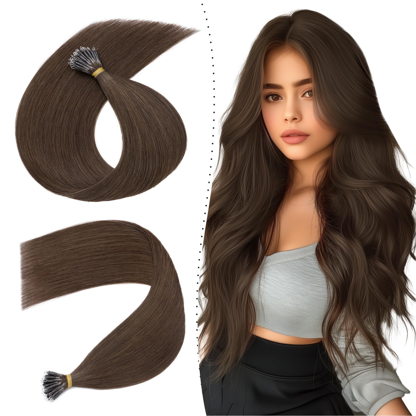 Nano Ring Hair Extensions 16inch 1g/s Pre Bonded 50g Nano Tip Bondings 100% Real Remy Human Hair #02 Dark Brown With Nano Beads Cold Fusion 50 Strands