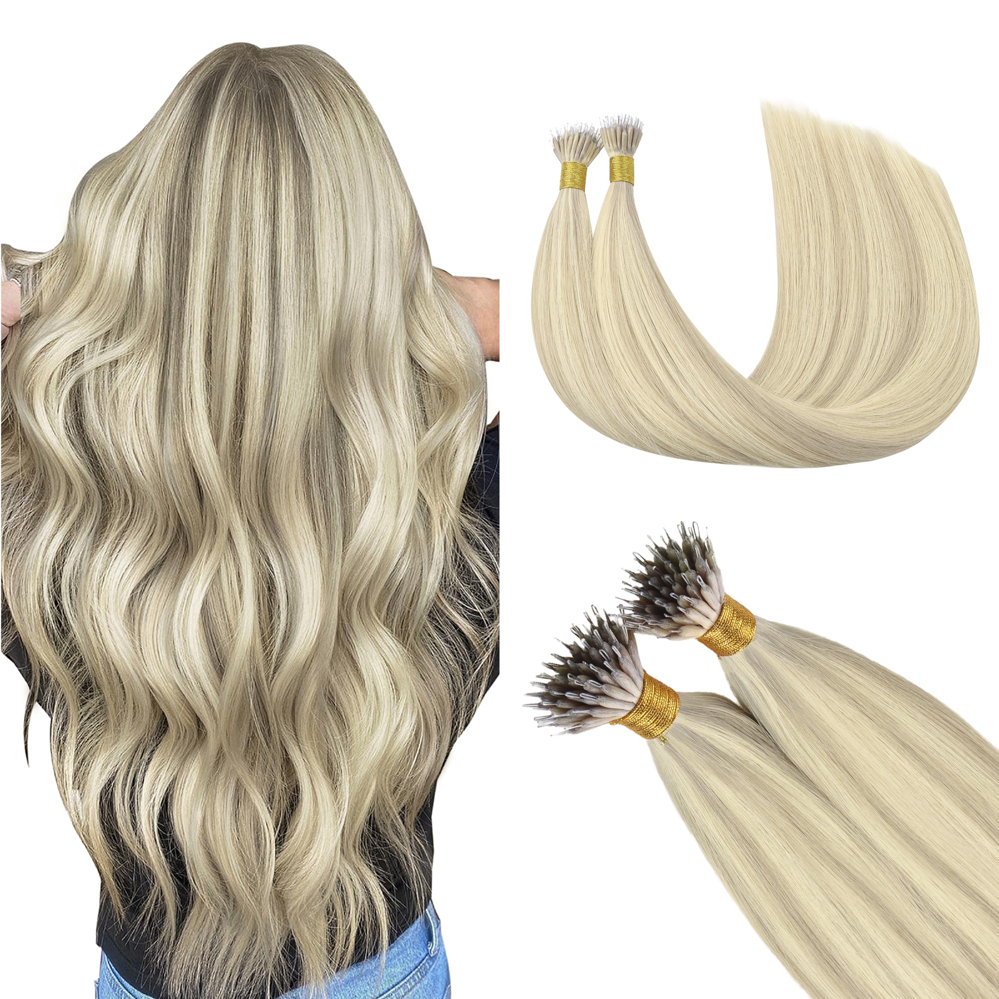 GOO GOO Nano Hair Extensions Real Human Hair, Nano Beads Hair Extensions, Ash Blonde Highlighted Platinum Blonde 50g 18inch 50 Strands Cold Fusion Nano Rings Extensions