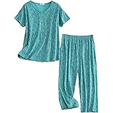 CHUNG Women Cotton Pajama Sets Sleepwear pjs Short Sleeve Shirt Capri Length Crop Pants Cute Vivid Print