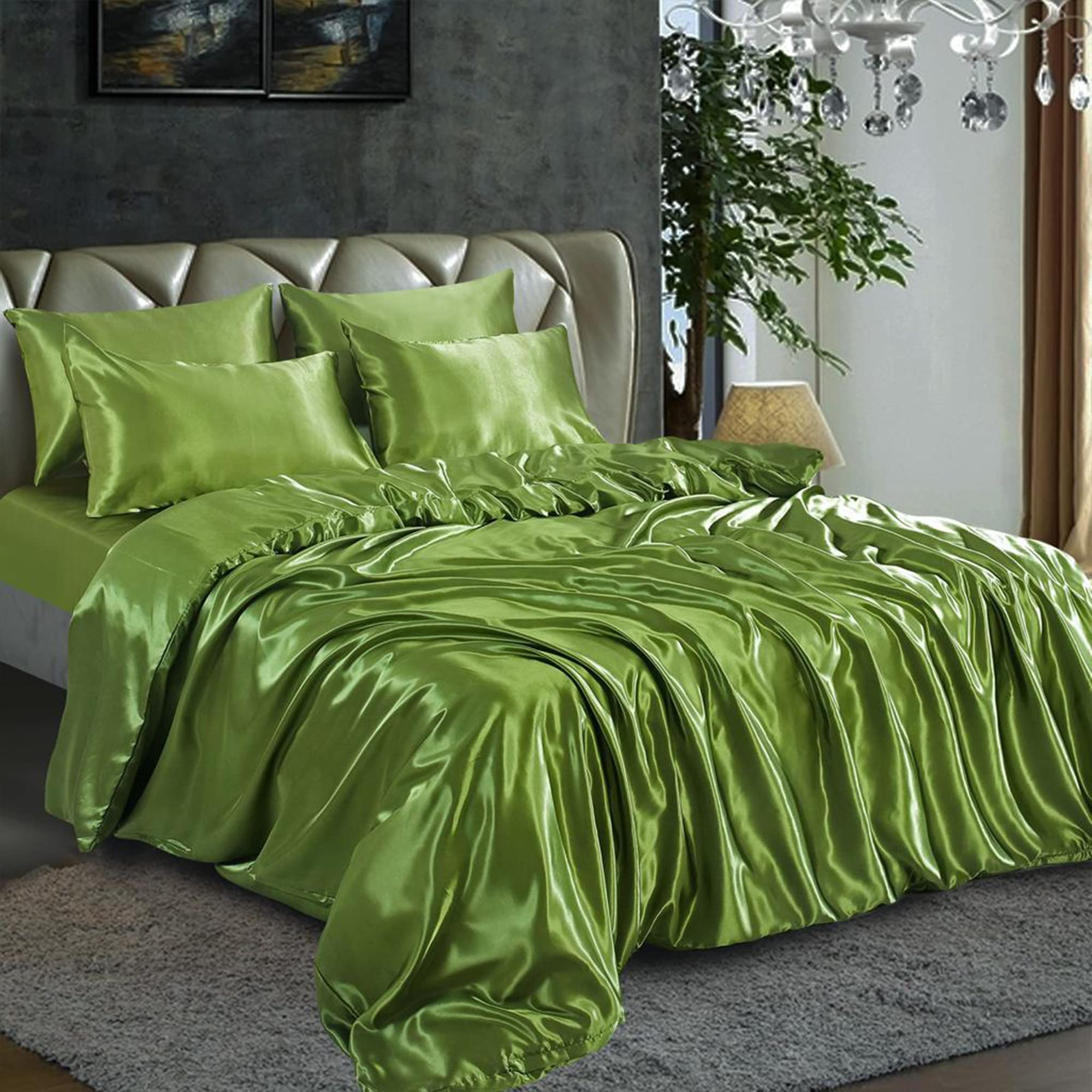 6PCS Satin Duvet Cover Bedding Set Plain Luxury Soft Bed Set Include (1xDuvet Cover, 1xFitted Sheet, 4xHousewife Pillow Case) (King, Olive Green)-(Same Day Dispatch) — image 1