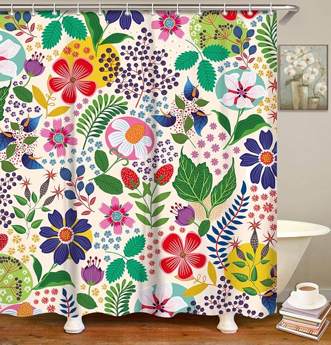 LIVILAN Floral Shower Curtain Colorful Flowers Shower Curtains with Green Leaves