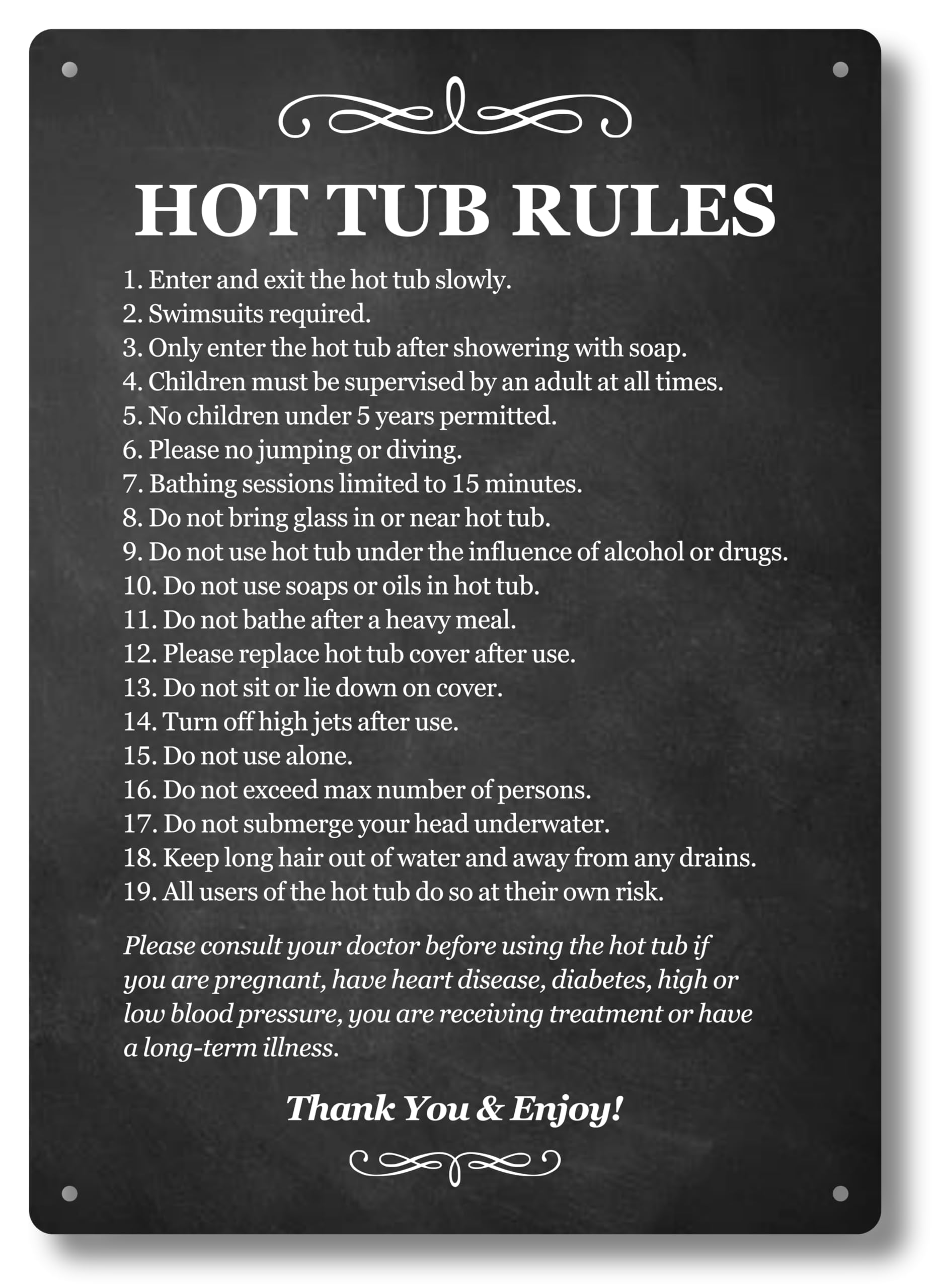 Hot Tub Rules - Black & White/Blue & White Sign for outdoor use with a list of health and safety points about using a hot tub. ideal for use in holiday accommodation (Black)