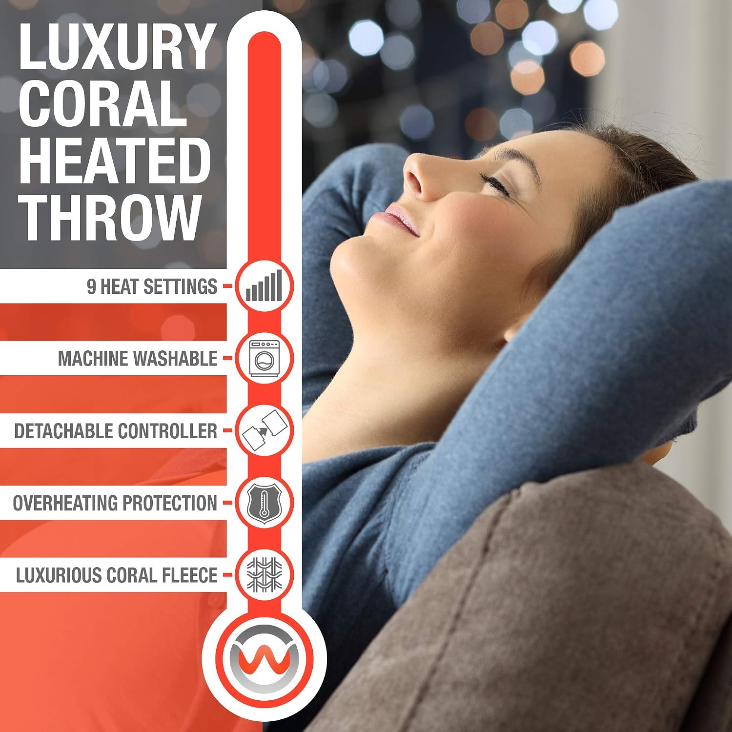 Warmer Electric Heated Throw Blanket, Digital Controller, 9 Hour Timer, 9 Heat Settings, Auto Shutoff, Detachable Controller - Image 3