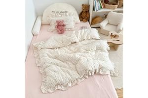 BuLuTu Muslin Cotton Pink Floral Print Duvet Cover for Toddler Girls, Kids Comforter Cover for Bed/Crib With Ruffles, 47"x59"