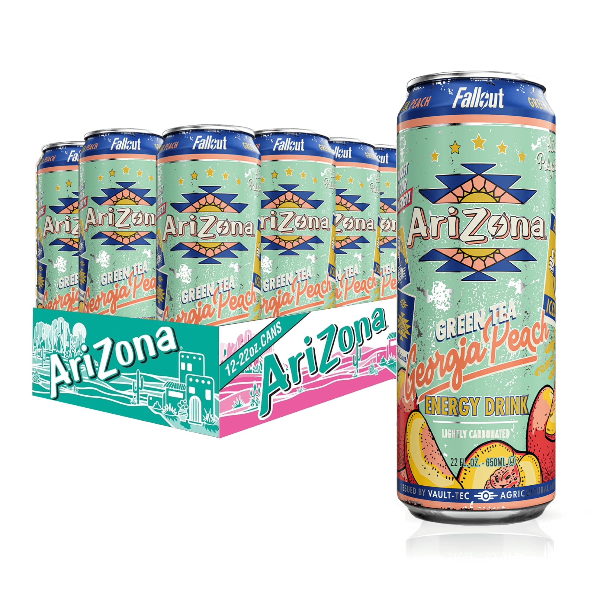 Photo 1 of EXP: 12-19-2025 - AriZona x Fallout Georgia Peach Green Tea Energy Drink, 12 pack 22 fl oz - 234mg Natural Caffeine per Can