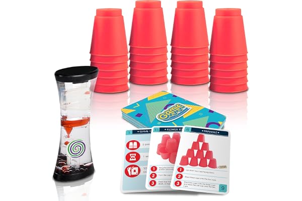 Gamie Stacking Cups Game with 18 Challenges and Water Timer, 24 Plastic Cups, Classic Family Game, Idea for Boys and Girls, T