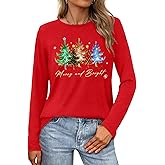 VVNTY Christmas Shirts for Women: Merry and Bright T Shirt Long Sleeve Christmas Tree Shirt Christmas Vacation Tees