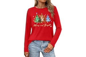 VVNTY Christmas Shirts for Women: Merry and Bright T Shirt Long Sleeve Christmas Tree Shirt Christmas Vacation Tees
