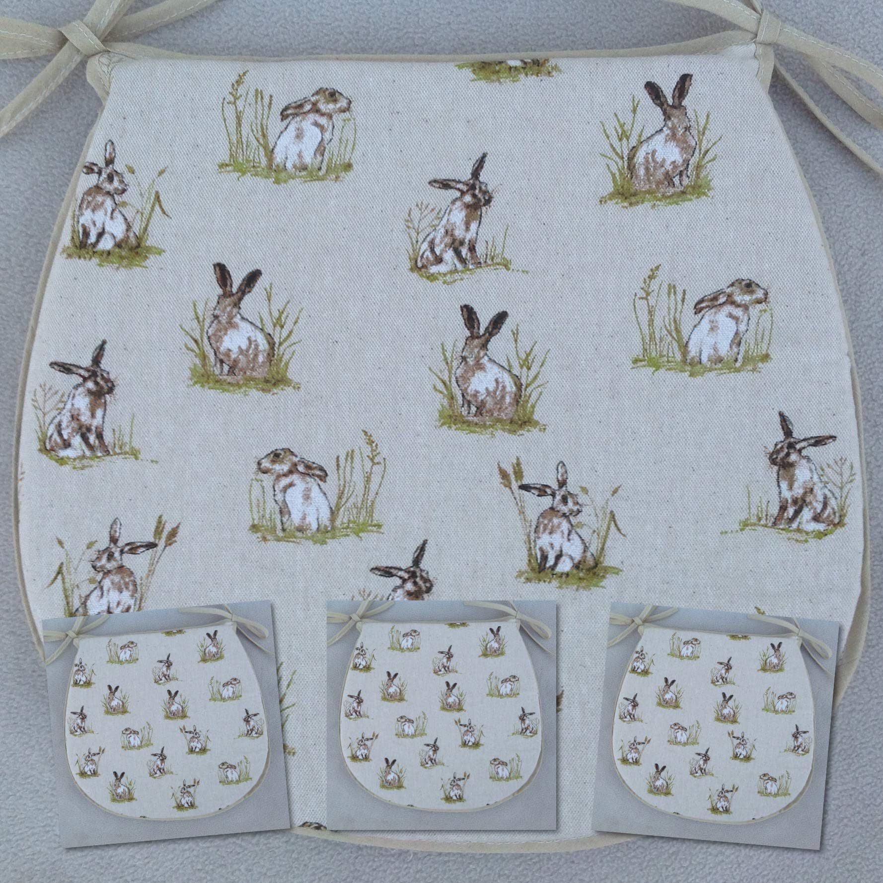 SET OF 4 COUNTRY HARES PRINT TIE ON CHAIR SEAT PADS (For Seats Approx.14" Wide X 14" Deep)