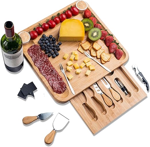Premium Bamboo Cheese Board and Cutlery Set 4 Stainless Steel Serving