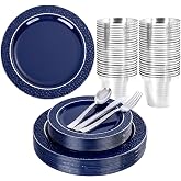 Ciaell 150 PCS Blue and Silver Plastic Plates - Blue Disposable Plate include 50 Plates, 25 Knives, 25 Forks, 25 Spoons, 25 Cups for Weddings &amp; Party