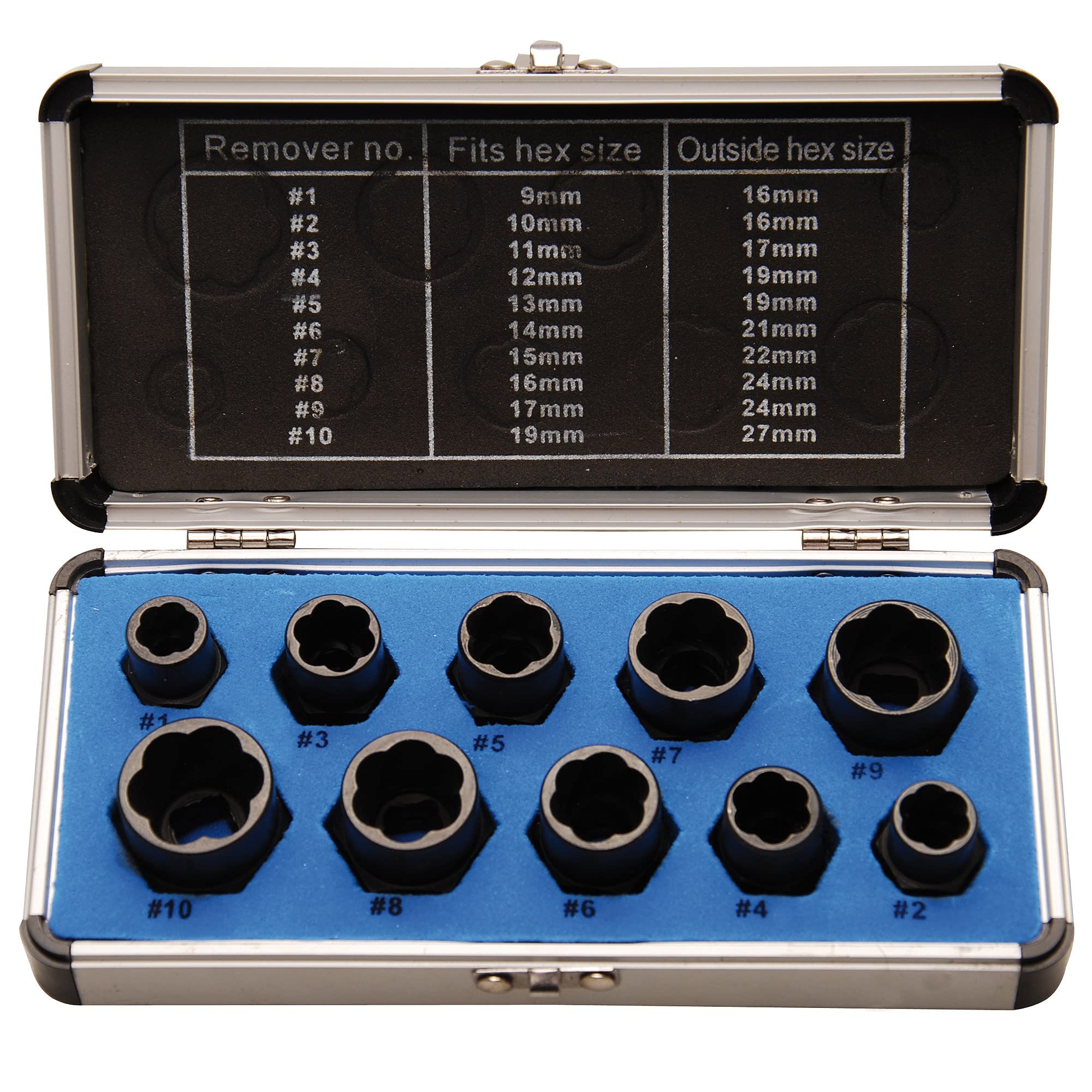 BGS Diy 20210 | Twist Socket Set (Spiral Profile) / Screw Extractor | 10 mm (3/8") Drive | twist type 9-19 mm | 10 pcs.