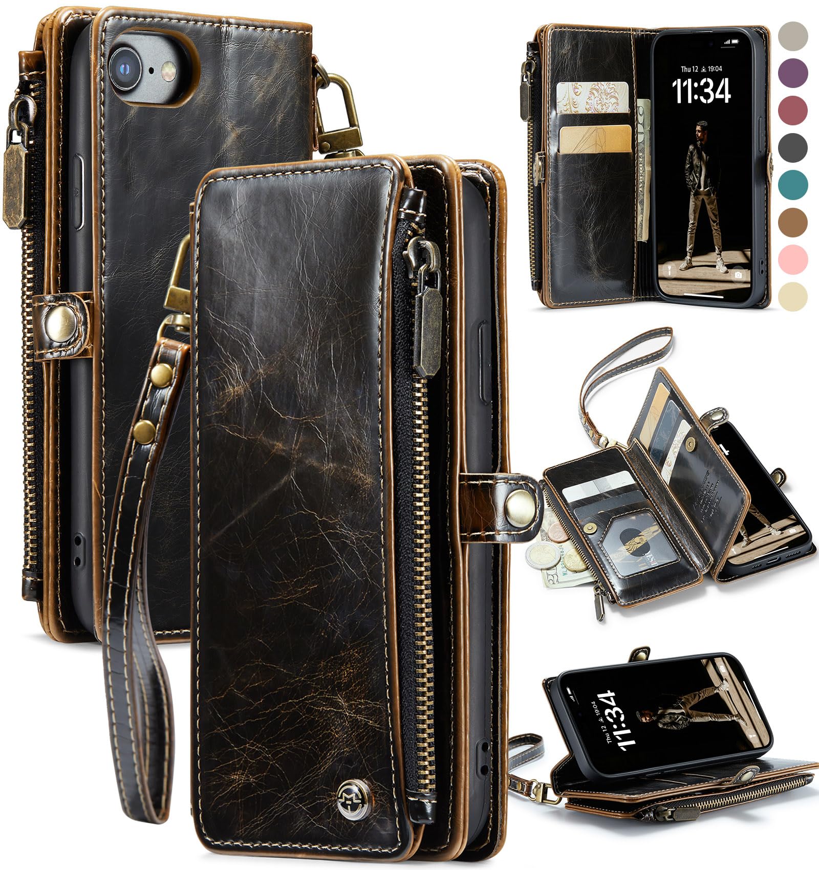 Photo 1 of Defencase Compatible with iPhone SE 2020 2022 Case Wallet with RFID Blocking Card Holder for Women Men, Soft PU Leather Magnetic Snap Flip Zipper Strap Wallet Phone Case Fit for iPhone SE/7/8, Coffee