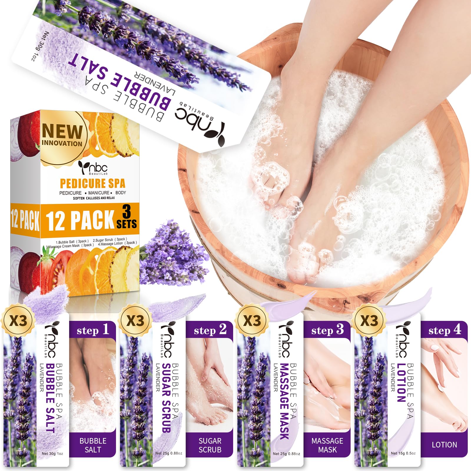 nbc BeautiLab Foot Soak Set: Bubble Salt, Sugar Scrub, Massage Mask, Massage Lotion in a Box, 4 Step Foot Spa Kit for Dry Feet, Softens Calluses, Tired Feet (3 Set, 3 Set Lavender scent)