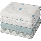 POMISO Muslin Swaddle Blankets for Boys & Girls, Receiving Baby Blanket for Newborns, Large 47 x 47 Inches, Soft Breathable Baby Swaddles, 4 Pack Stars & Striped