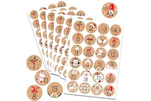 HOWAF 192pcs Christmas Advent Stickers 1-24 Christmas Number Stickers Round Kraft Xmas Countdown Sticker DIY Advent Calendar Sticker Gift Sealing Labels Xmas Party Supplies, 8 Sheets, 4cm