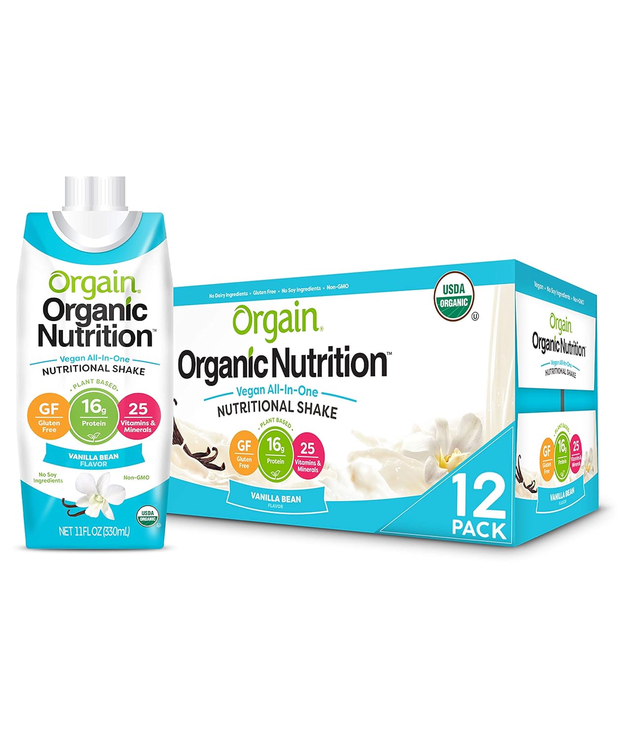 Orgain Organic Vegan Plant Based Nutritional Shake, Vanilla Bean - Meal Replacement, 16g Protein, 25 Vitamins & Minerals, Dairy Free, Gluten Free, 11 Ounce, 12 Count (Packaging May Vary)