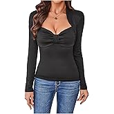 RoseSeek Women's Ruched Sweetheart Neck Tee Tops Long Sleeve Slim Fit T Shirts Elegant Top