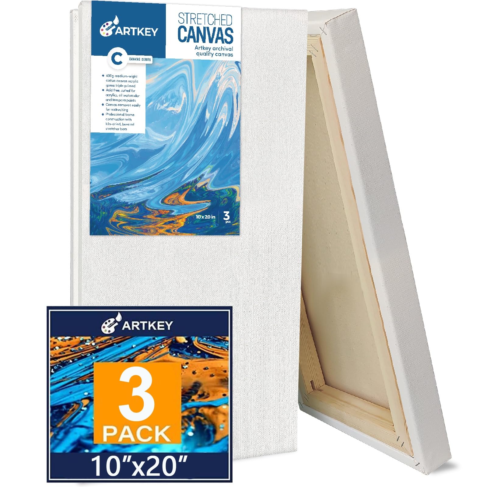 Gallery Wrapped Stretched Canvases for Painting 10x20 Inch 3-Pack, 16 oz Triple Primed Acid-Free 100% Cotton Blank Canvas, Rectangular Spline Canvas for Oil Paint Acrylics Pouring & Wet Art Media Image