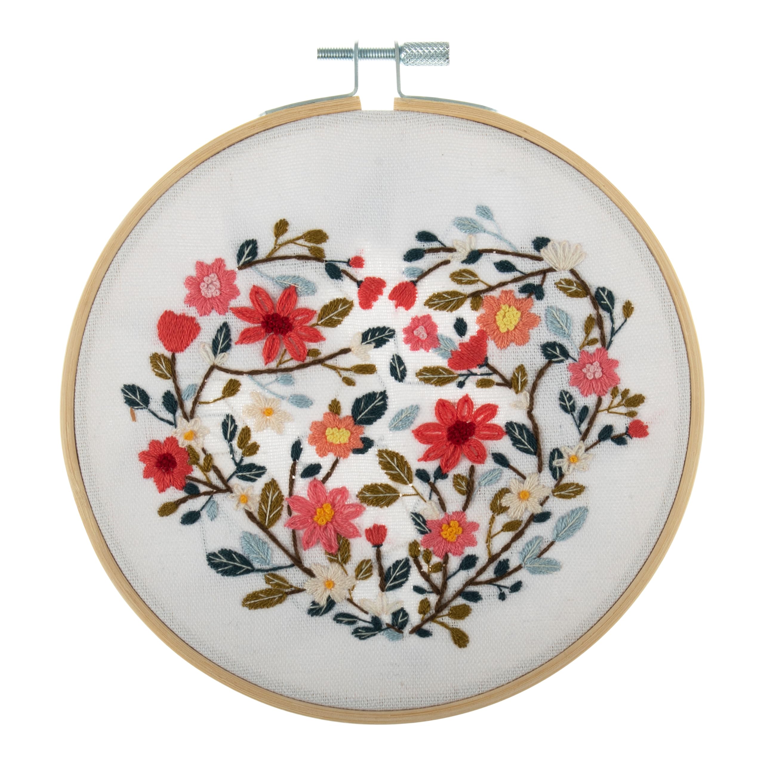 Trimits Embroidery Hoop Kits - 15cm 6” Beginner Starter Set, Includes Bamboo Hoop Threads Cloth Needle Backing & Instructions, Floral Heart — image 1