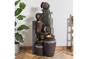 Dephet 6-Tiers Garden Waterfall Fountain Outdoor - 40''H Water Fountains and Waterfalls, Large Outdoor/Indoor Floor Standing Resin Water Fountain with LED Light for Patio, Garden and Home (Grey)