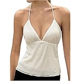 SHENHE Women's Y2k Mesh Ruffle Halter Tops Tie Backless V Neck Peplum Tank Going Out Top