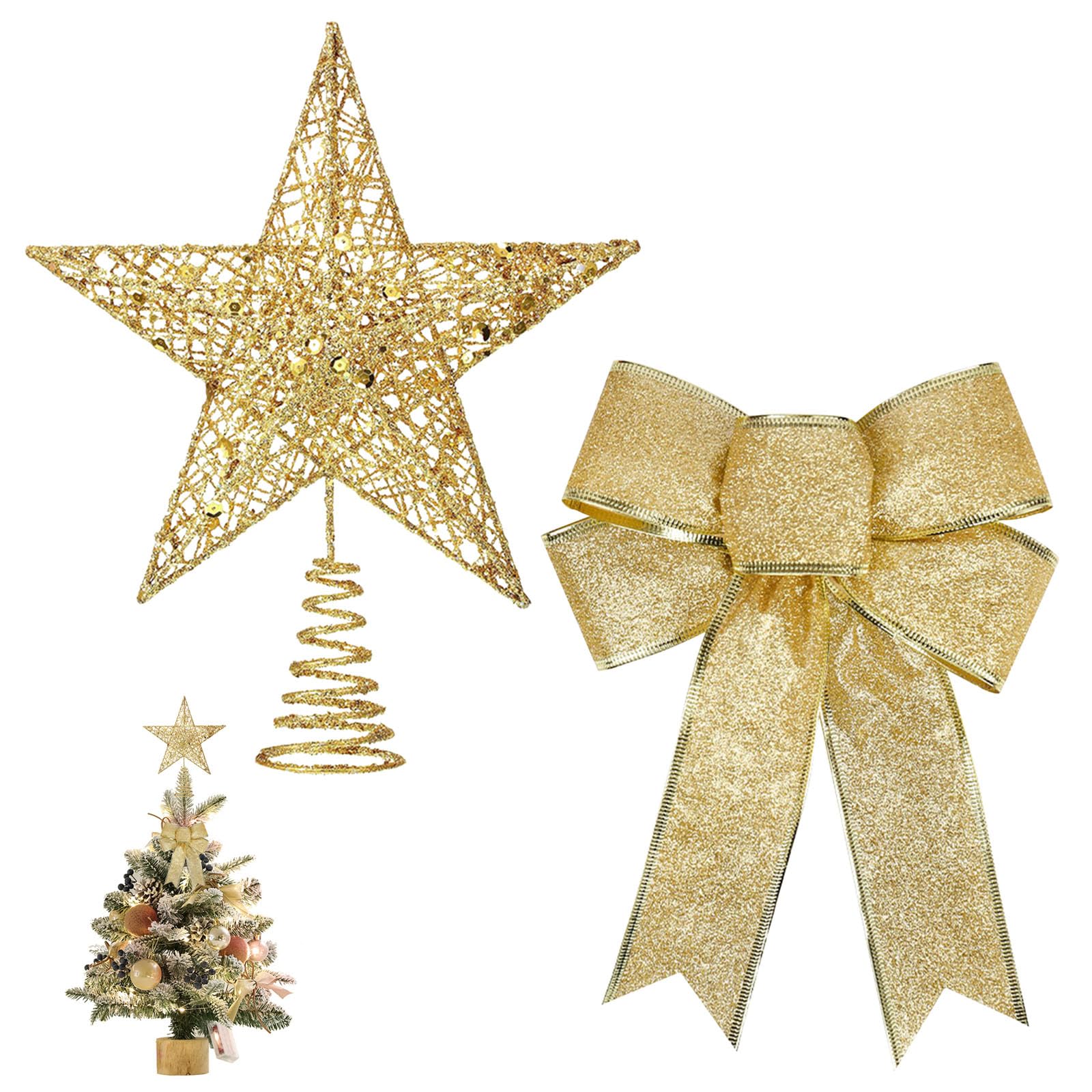 AYNKH Gold Small Christmas Tree Topper Glitter Mini Star Tree Topper with Christmas Tree Decorative Bow, Metal Xmas Small Star for Top of Christmas Tree Decorations 20cm/4.7Inch
