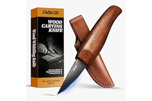 RAVS Whittling Knife with Leather Sheath, High Carbon Steel Blade Wood Carving Knife with Titanium Coating, Sloyd Knife with Ergonomic Rosewood Handle, Wood Carving Tools for Beginners to Experts