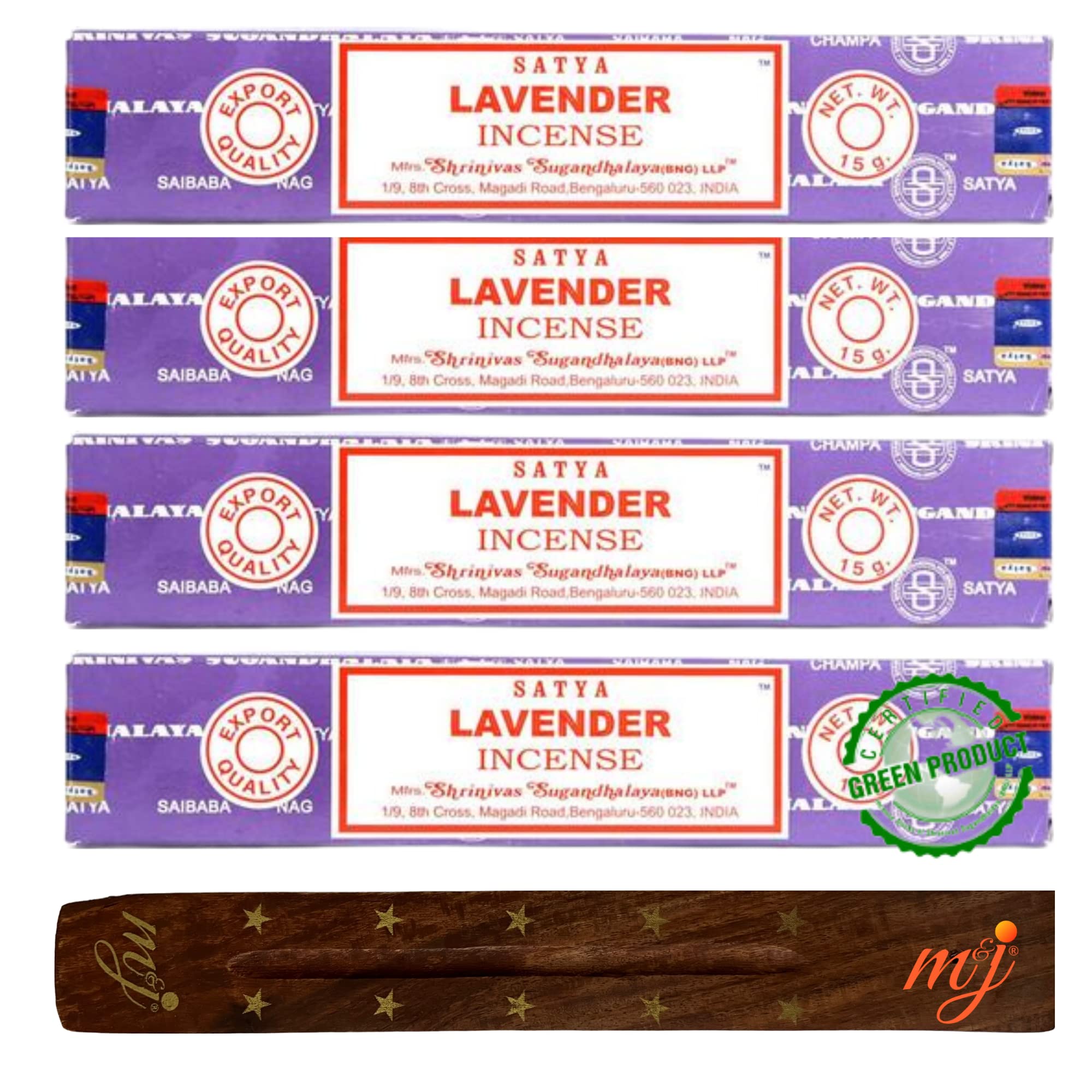 Original Satya Nag Champa Lavender Incense Sticks | with M&J incense sticks holder | x4 pack | for Aromatherapy, Spa, Yoga, Weddings, Meditation, Healing, Positivity and Relaxation — image 1