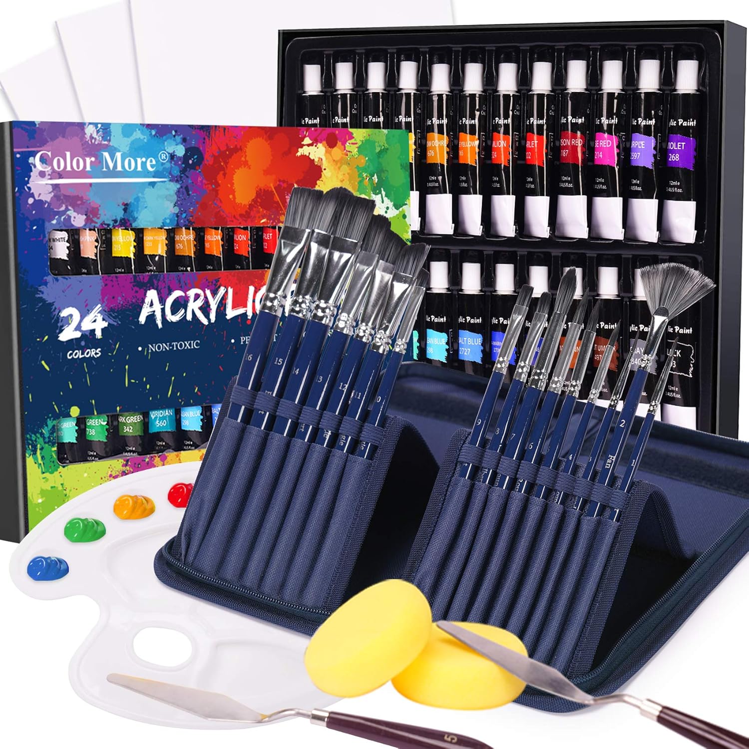 Acrylic Paint Set, 49 Piece Painting Supplies Set, Includes 24 Acrylic Paints, 16 Painting Brushes with Case, Paint Knife, Art Sponge and Canvas, Palette- Deluxe Acrylic Paint Kit for Artists, Students