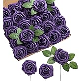 Ling's moment Artificial Flowers 25Pcs Deep Purple Roses Decor w/Stems,3" Real Touch DIY Foam Floral for Wedding Bouquet/Centerpieces, Outdoors Party Backdrop, Room/Table, and Garden/Pot Decorations