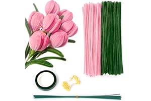 Ainiv 200PCS Tulip Pipe Cleaners for Craft, 30cm Green and Pink Pipe Cleaners, Fuzzy Sticks Craft Supplies, Chenille Stems with Flower Pole, Flower Core & Gardening Tape, Arts & Crafts for DIY