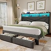 Driftalia Queen Bed Frame with 2-Tier Storage Headboard, Upholstered Bed Frame Queen Size with 2 Drawers, Charging Station and LED Lights, No Box Spring Needed, Easy Assembly - Dark Grey
