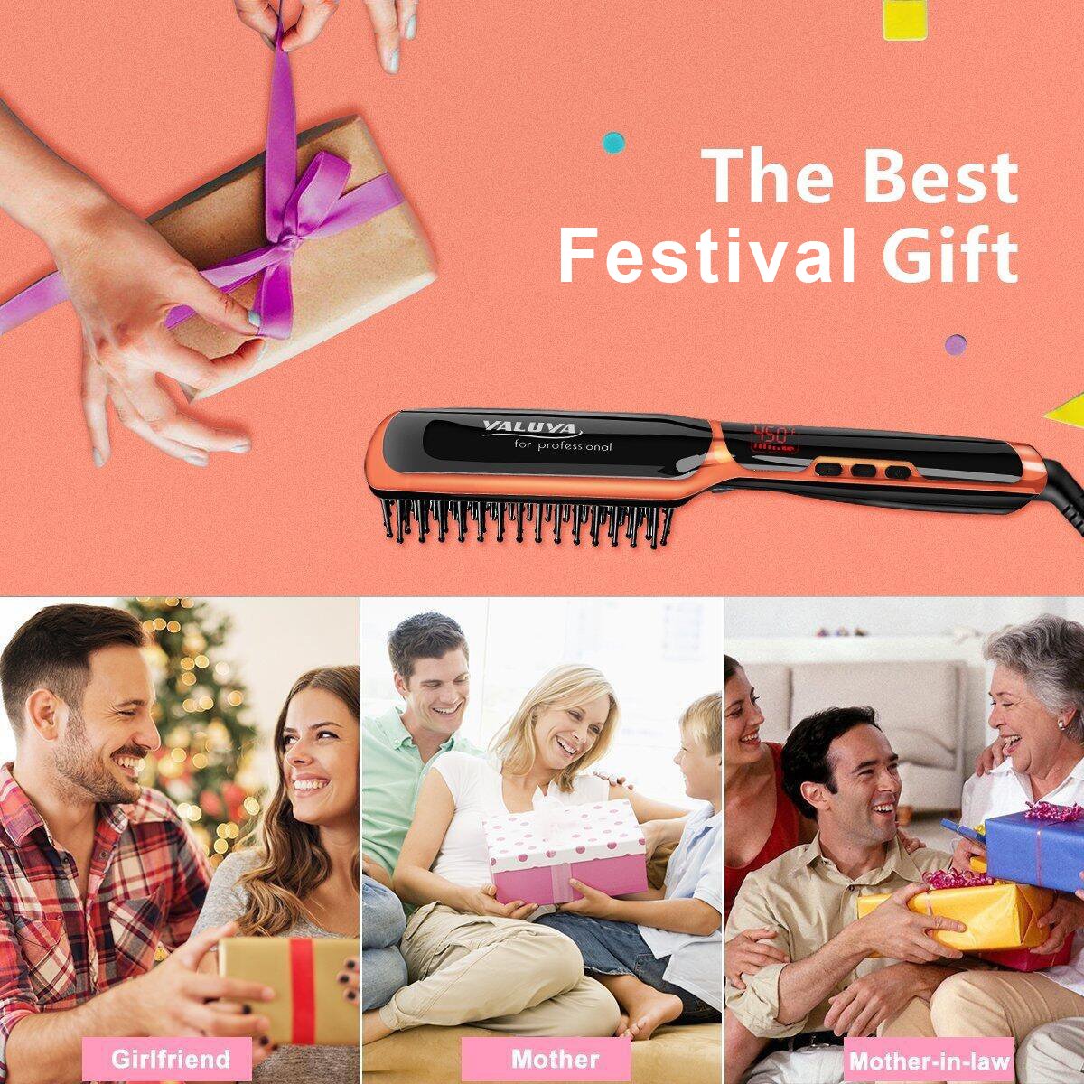 Hair Straightener Brush,YALUYA Ceramic Irons Straightener Brush Detangling and Silky Frizz-free Electric Comb,Amber Gold / Black