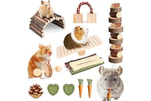 Kagoty 20 PCS Hamster Chew Toys Set, Natural Apple Wood Guinea Pig Toys, Hamster Cage Accessories Include Bridge, Seesaw, Carrot, Timothy Straw Stick Dental Care for Rat Gerbil Chinchilla Rabbits